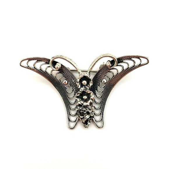 Beau Sterling Silver Flower Center Butterfly Brooch Pin Signed Vintage - Picture 3 of 12